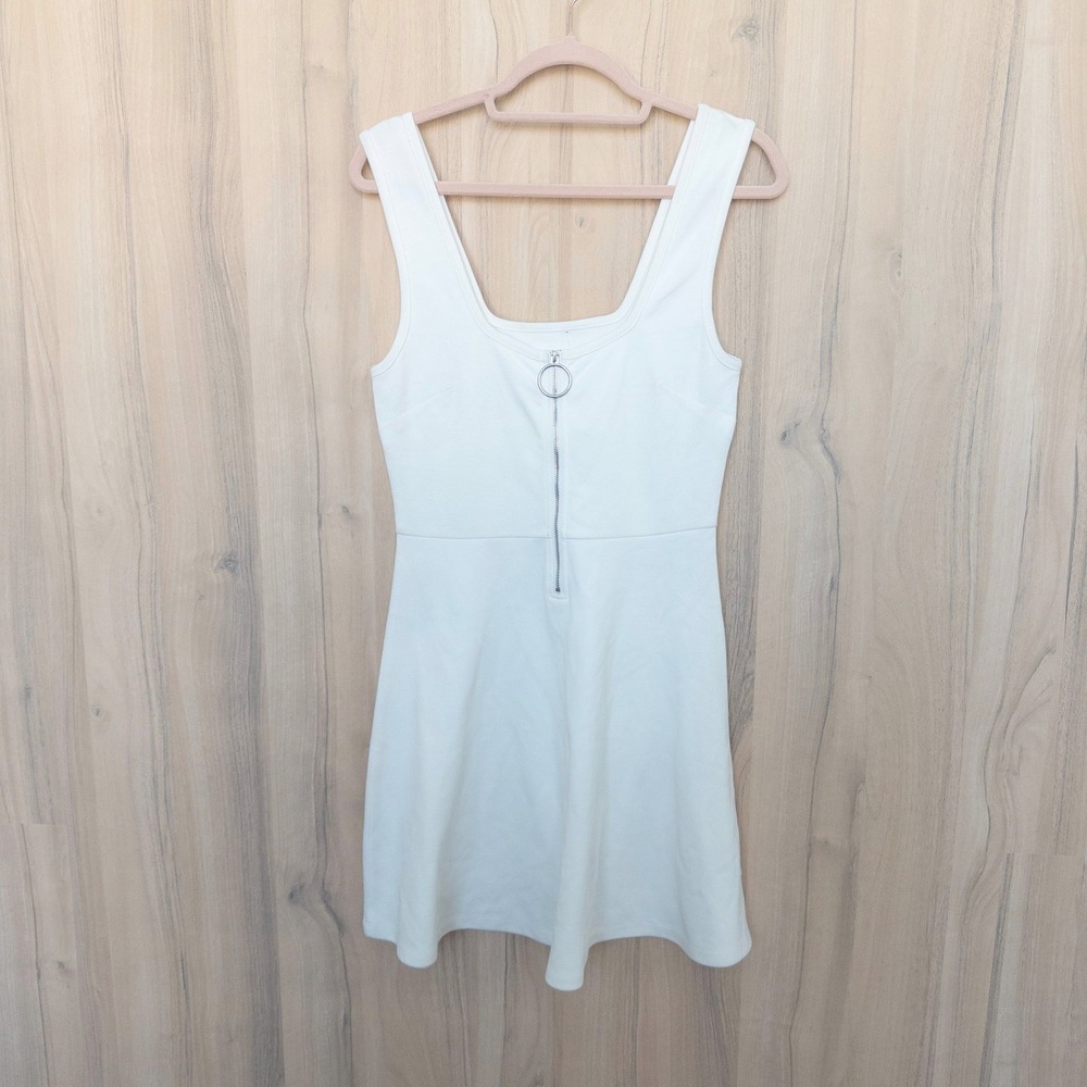 Avec Les Filles Fit Flare Mini Dress S White Zip Preppy Tennis Minimalist Sporty